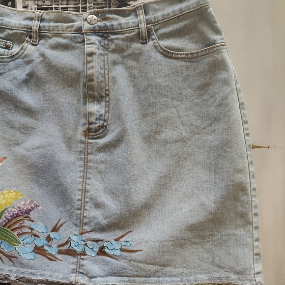 Flower silk scream women's long Denim Skirt us size 8 please with lace - Picture 4 of 6